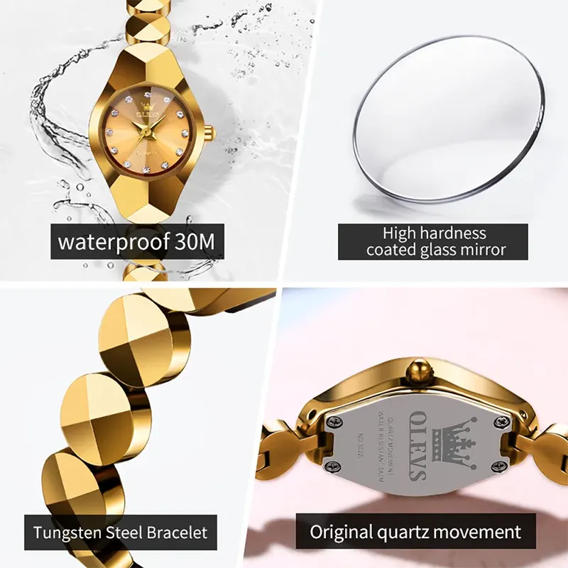Olevs Tungsten Steel Gold Dial Ladies Watch- 7007